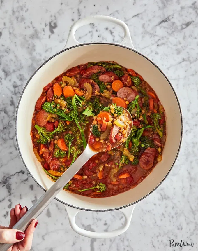 high protein soups: easy one-pot lentil kielbasa soup' title='21 High-Protein Soup Recipes That Are Satisfyingly Cozy