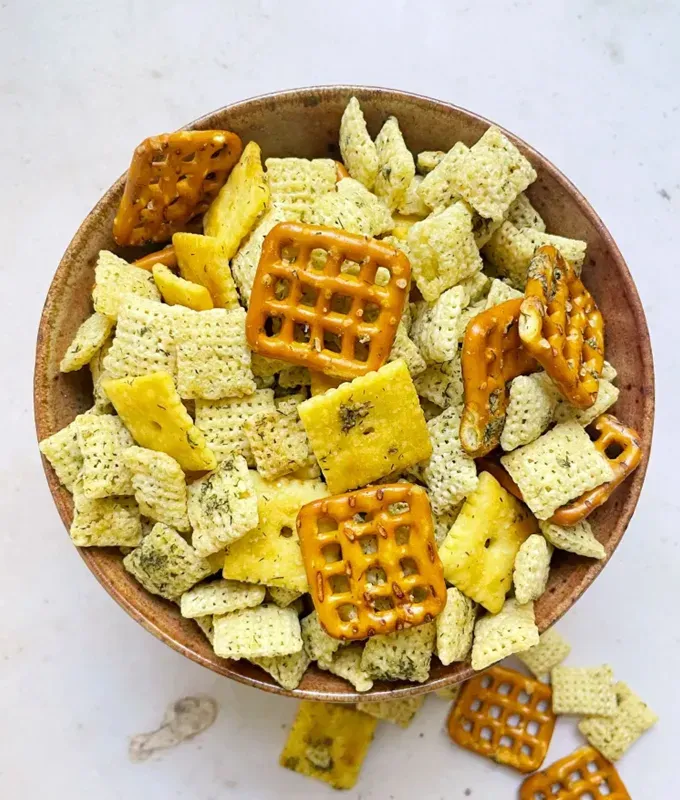best appetizers to bring to a party: dill pickle snack mix' title='The 25 Best Appetizers to Bring to a Party from Crowd-Pleasing Dips to Make-Ahead Snacks