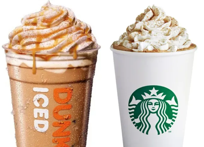 dunkin vs. starbucks pumpkin spice latte: dunkin iced psl and starbucks hot psl side by side' fetchpriority='auto' title='Dunkin’ vs. Starbucks: Which Chain Has the Best Pumpkin Spice Latte? A Food Editor’s Honest Review