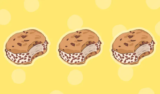 best nostalgic ice cream truck treats: illustration of three chipwiches on a yellow background' fetchpriority='auto' title='The Best Nostalgic Ice Cream Truck Treats of All Time Ranked