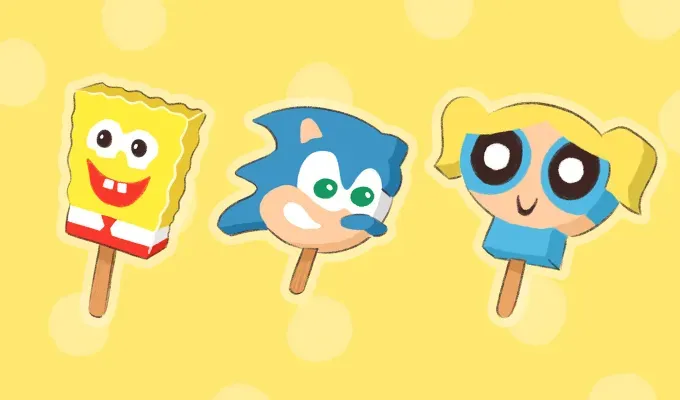 best nostalgic ice cream truck treats: illustrations of spongebob sonic and bubbles ice pops on a yellow background' fetchpriority='auto' title='The Best Nostalgic Ice Cream Truck Treats of All Time Ranked