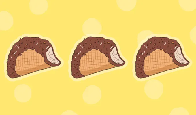 best nostalgic ice cream truck treats: illustration of three choco tacos on a yellow background' fetchpriority='auto' title='The Best Nostalgic Ice Cream Truck Treats of All Time Ranked