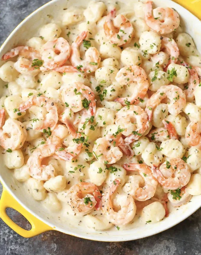 easy gnocchi recipes: shrimp and gnocchi with garlic parmesan cream sauce' title='35 Easy Gnocchi Recipes You Can Make at Home