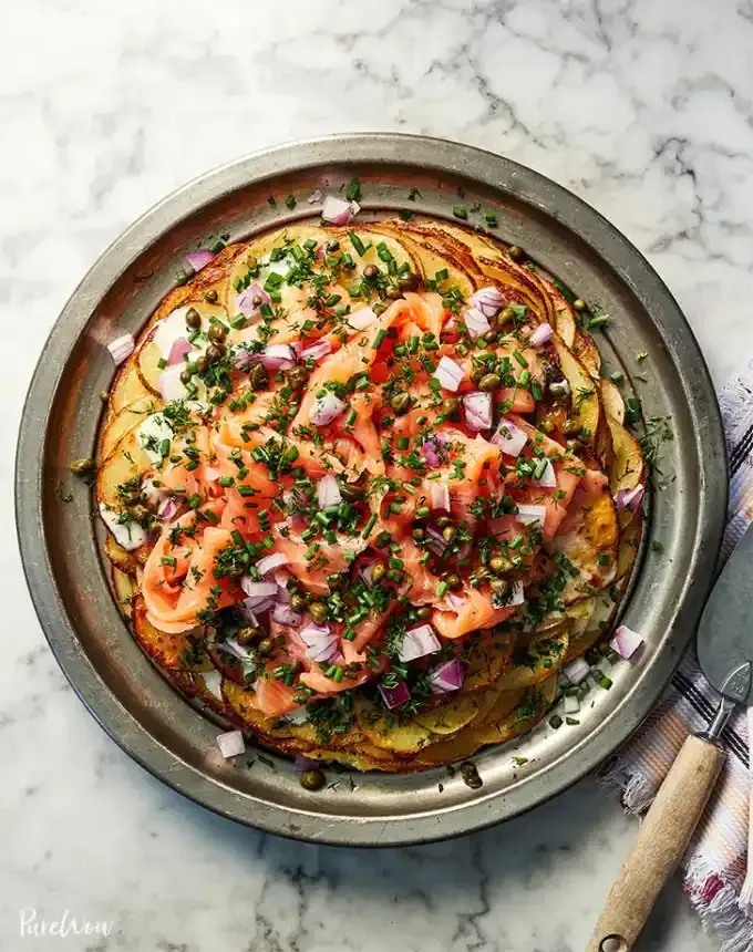 easter brunch ideas: roasted potato galette with smoked salmon and creme fraiche' title='66 Easter Brunch Ideas That Are Quick Easy and Festive