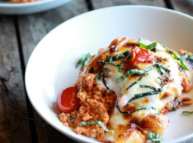 creamy caprese quinoa bake' title='49 Dinners You Can Make with a Jar of Tomato Sauce