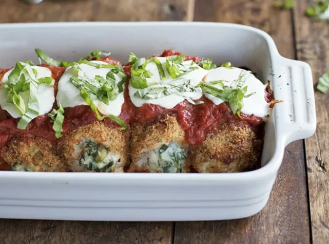 baked mozzerella chicken rolls' title='49 Dinners You Can Make with a Jar of Tomato Sauce