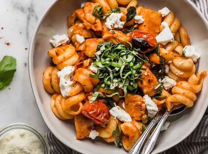 recipes with tomato sauce pasta pomodoro with chicken and goat cheese recipe' title='49 Dinners You Can Make with a Jar of Tomato Sauce