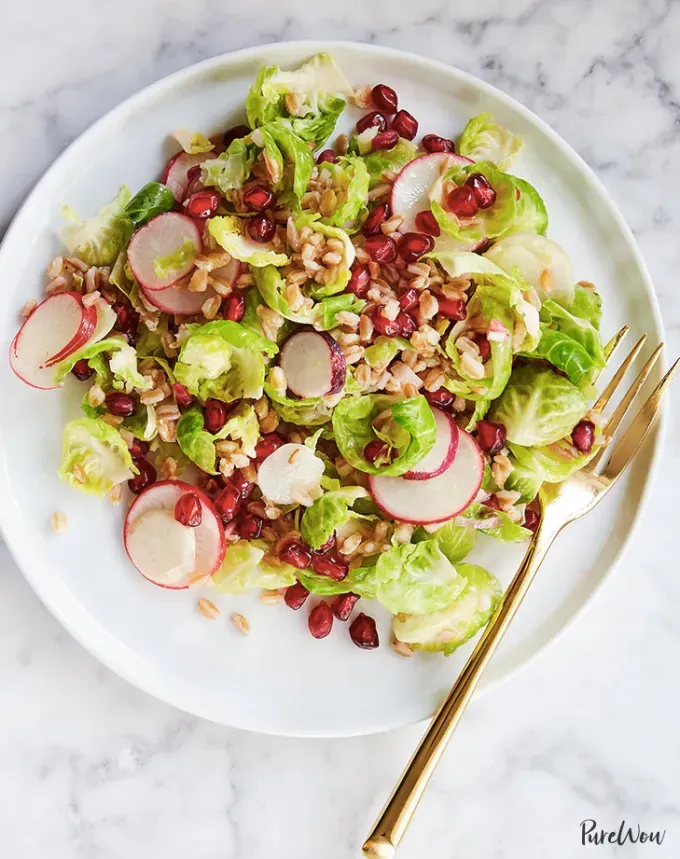 side dishes for ham: farro brussels sprouts salad' title='62 Side Dishes for Ham to Serve on Easter Christmas and Every Day in Between