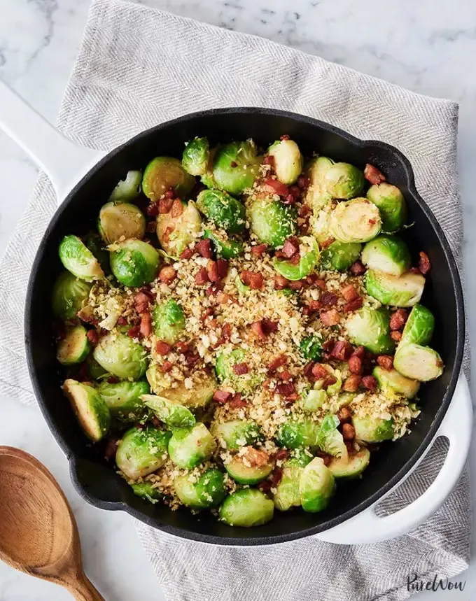 side dishes for ham: brussels sprouts pancetta skillet' title='62 Side Dishes for Ham to Serve on Easter Christmas and Every Day in Between