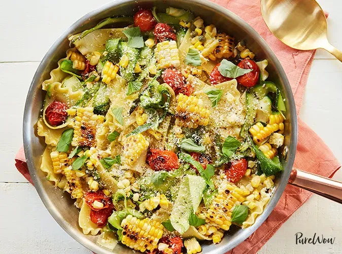 one-pot pasta recipes: cheater’s skillet lasagna with corn and cherry tomatoes' title='27 One-Pot Pasta Recipes for Lazy Nights