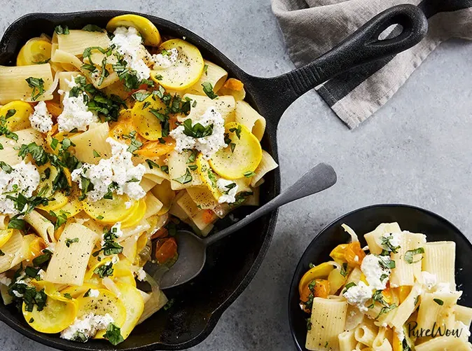 one-pot pasta recipes: skillet pasta with summer squash and burrata' title='27 One-Pot Pasta Recipes for Lazy Nights