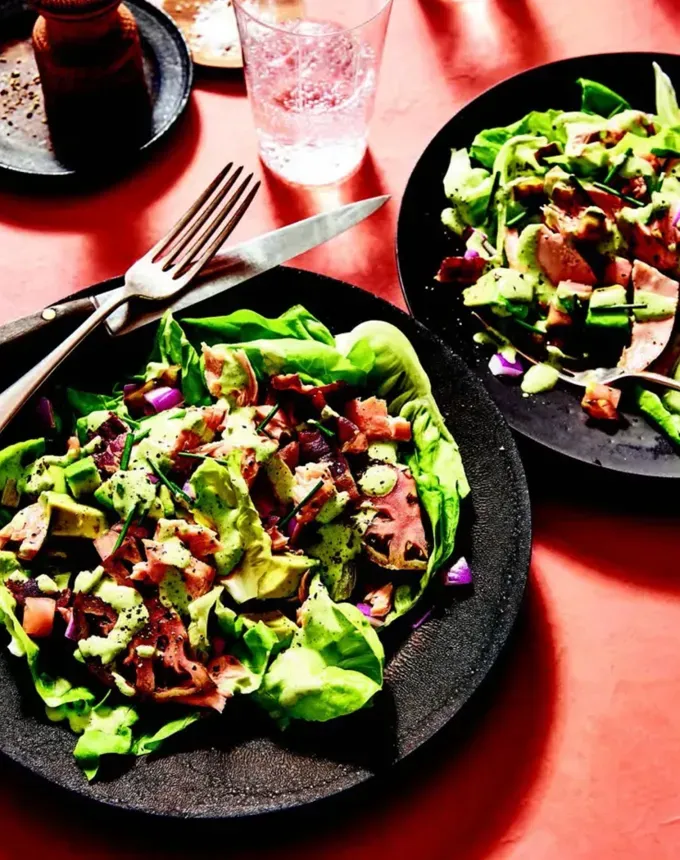 bbq menu ideas: kristin cavallari’s salmon BLT salad with spicy tomatillo ranch dressing' title='36 BBQ Menu Ideas: Recipes That Will Transform Your Backyard Party