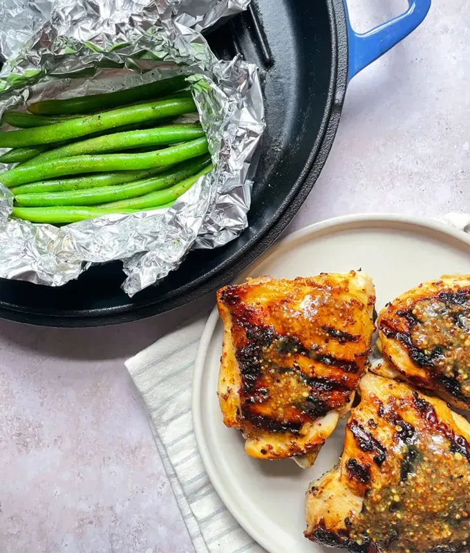 bbq menu ideas: honey mustard chicken with foil packet green beans' title='36 BBQ Menu Ideas: Recipes That Will Transform Your Backyard Party