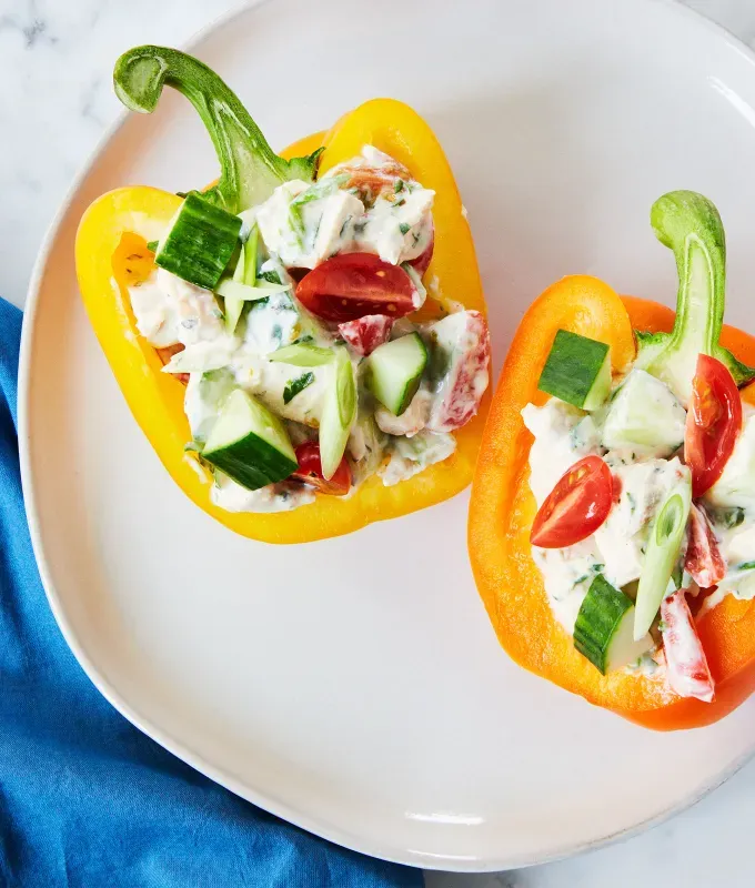 chicken meal prep recipes: greek yogurt chicken salad in bell peppers' title='40 Chicken Meal Prep Recipes That Never Get Boring