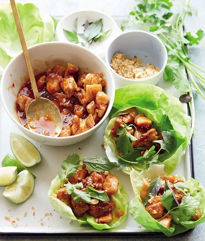 chicken meal prep recipes: grilled thai chicken lettuce wraps' title='40 Chicken Meal Prep Recipes That Never Get Boring