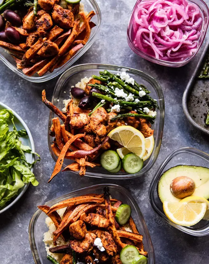 chicken shawarma sweet potato fry bowls recipe' title='40 Chicken Meal Prep Recipes That Never Get Boring