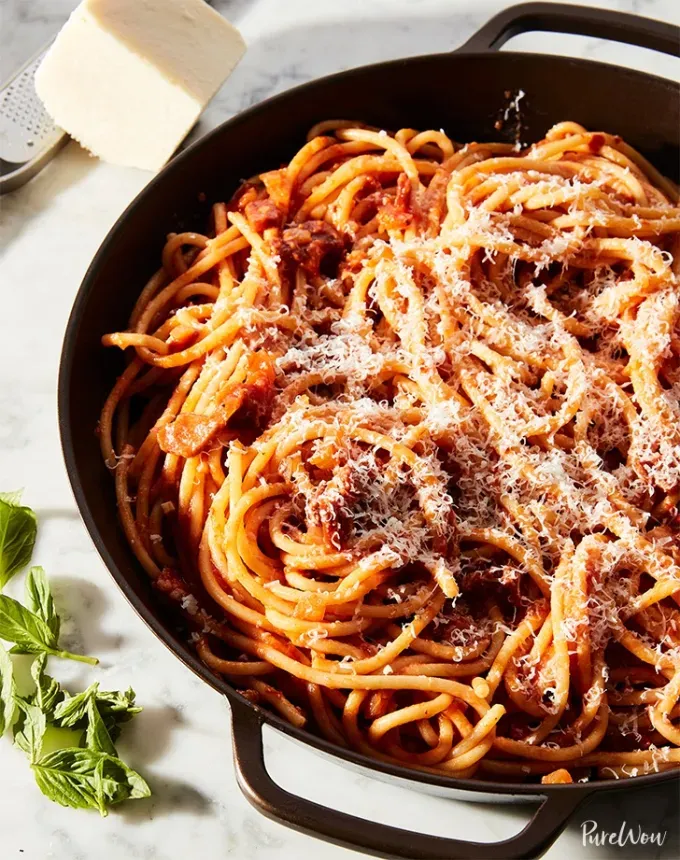 easy dinner party recipes: spicy bucatini amatriciana' title='34 Easy Dinner Party Recipes for Stress-Free Entertaining