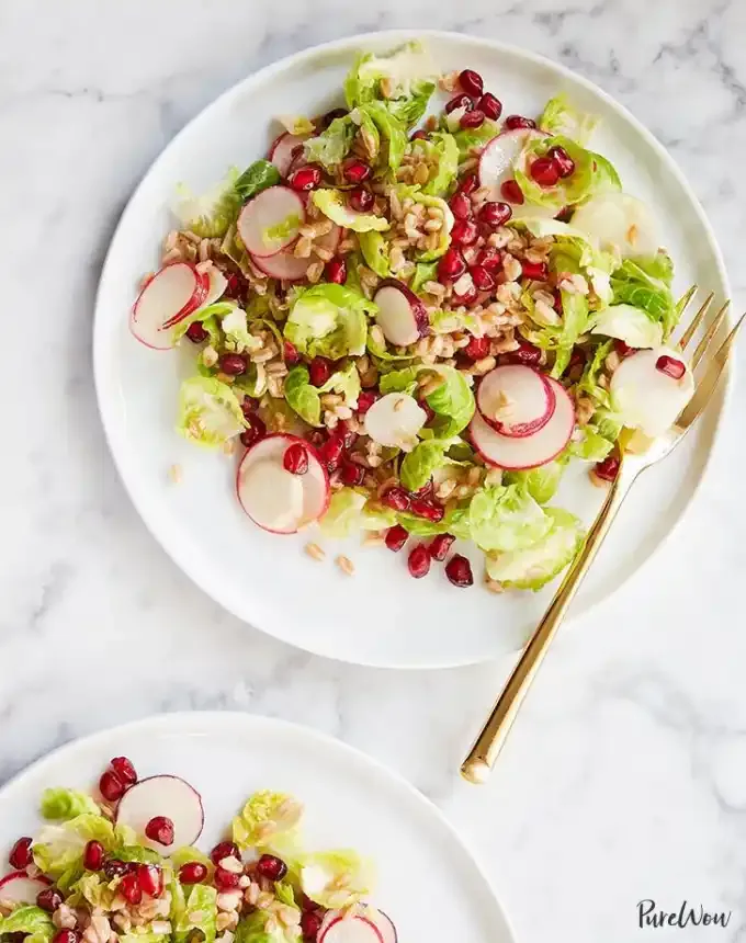 easy lunch ideas: two plates of make-ahead farro brussels sprout salads' title='82 Easy Lunch Ideas That Are Fast Low-Fuss and Foolproof