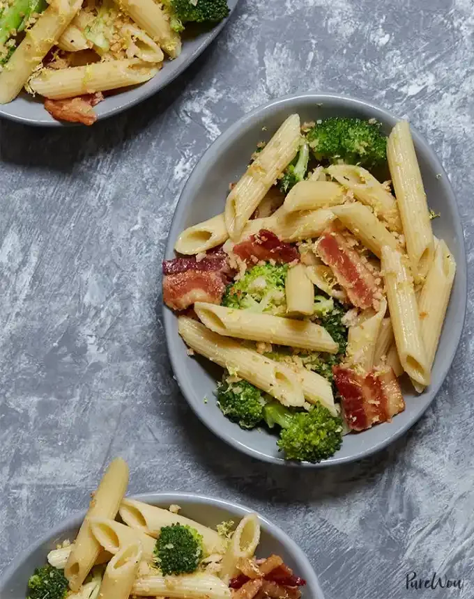 easy lunch ideas: three plates of roasted broccoli-bacon pasta salad' title='82 Easy Lunch Ideas That Are Fast Low-Fuss and Foolproof