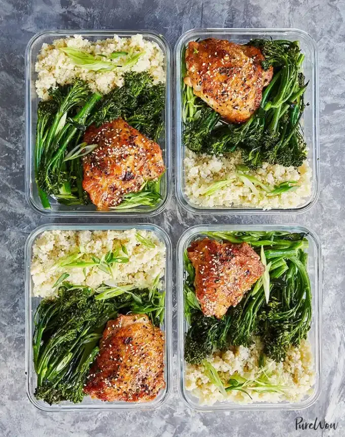easy lunch ideas: four glass food storage containers with honey-sesame chicken thighs and broccolini' title='82 Easy Lunch Ideas That Are Fast Low-Fuss and Foolproof