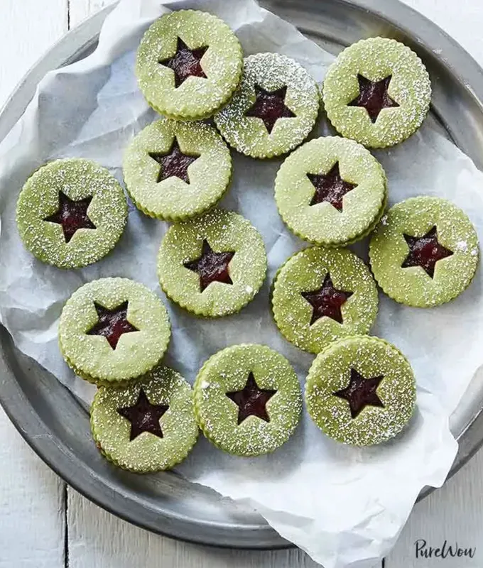 fall cookies: matcha cranberry linzer cookies' title='37 Fall Cookies to Serve for Halloween Parties Thanksgiving Dinner or Any Old Weekday