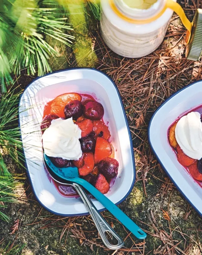 easy summer dessert recipes: baking dish of roasted stone fruit topped with whipped cream on the ground next to plants and a canteen' title='92 Easy Summer Desserts to Devour from Now Until Labor Day
