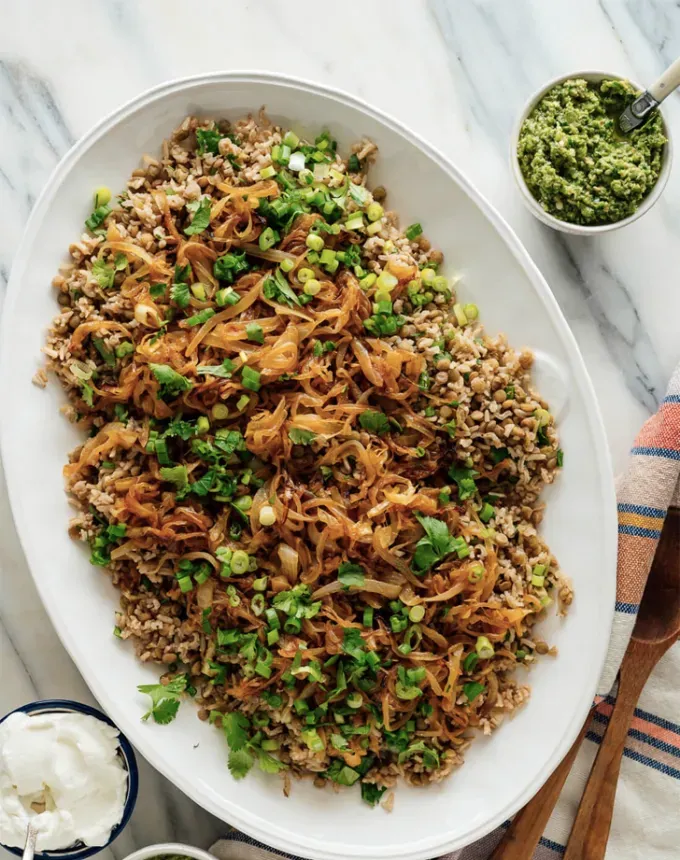 what to serve with lamb: lentils and caramelized onions' title='The 46 Best Side Dishes for Lamb to Serve at Dinner Parties Barbecues and Beyond
