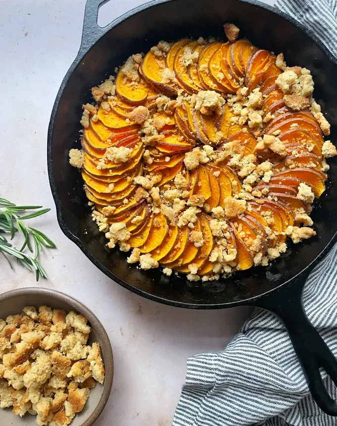 what to serve with lamb: spiral sweet potato skillet with rosemary streusel' title='The 46 Best Side Dishes for Lamb to Serve at Dinner Parties Barbecues and Beyond