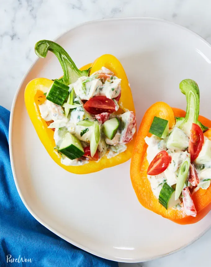 easy dinner recipes: greek yogurt chicken salad stuffed peppers' title='65 Easy Dinner Recipes for Beginners (That Even the Most Culinarily Challenged Can Manage)