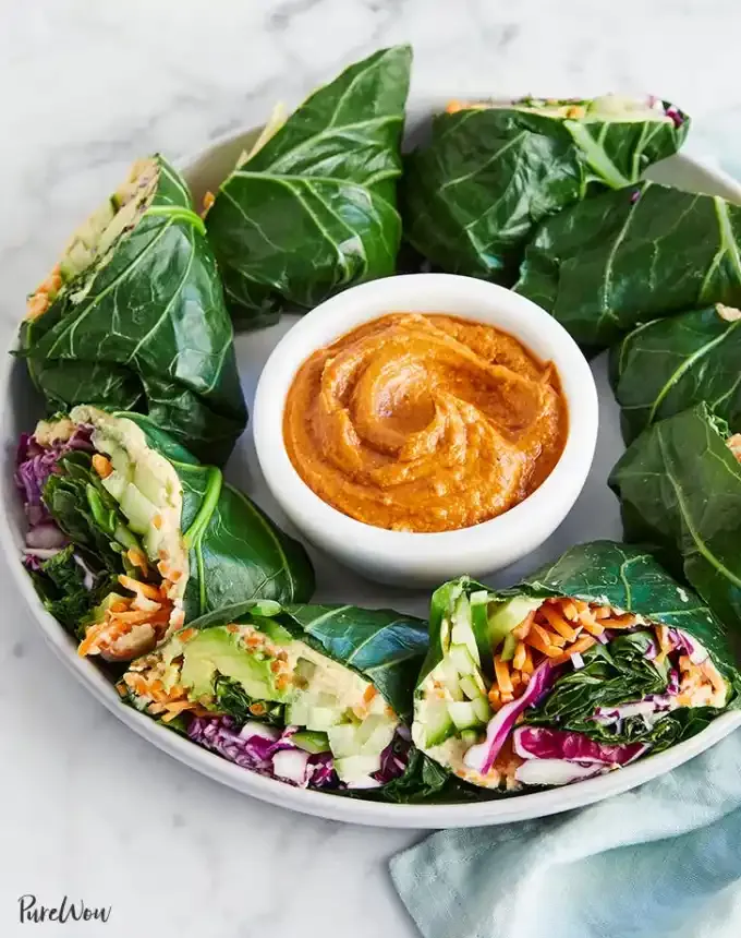 easy dinner recipes: rainbow collard wraps with peanut butter dipping sauce' title='65 Easy Dinner Recipes for Beginners (That Even the Most Culinarily Challenged Can Manage)