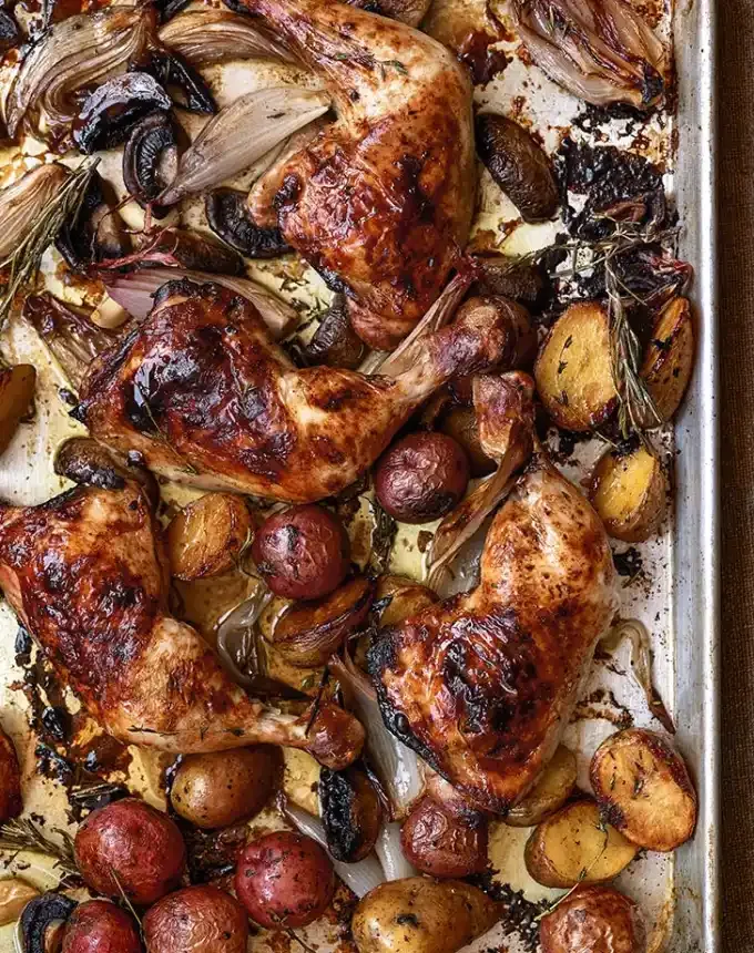 easy christmas dinner ideas: dorie greenspan sheet pan balsamic chicken recipe' title='75 Easy Christmas Dinner Ideas That Anyone Can Cook (and Everyone Will Love)