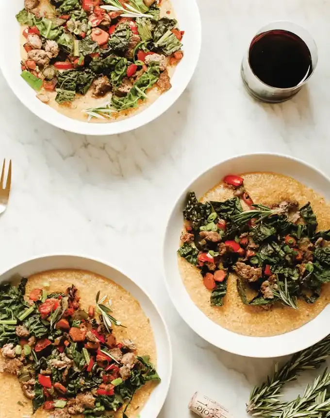 easy christmas dinner ideas: turkey sausage and veggie polenta bowls' title='75 Easy Christmas Dinner Ideas That Anyone Can Cook (and Everyone Will Love)