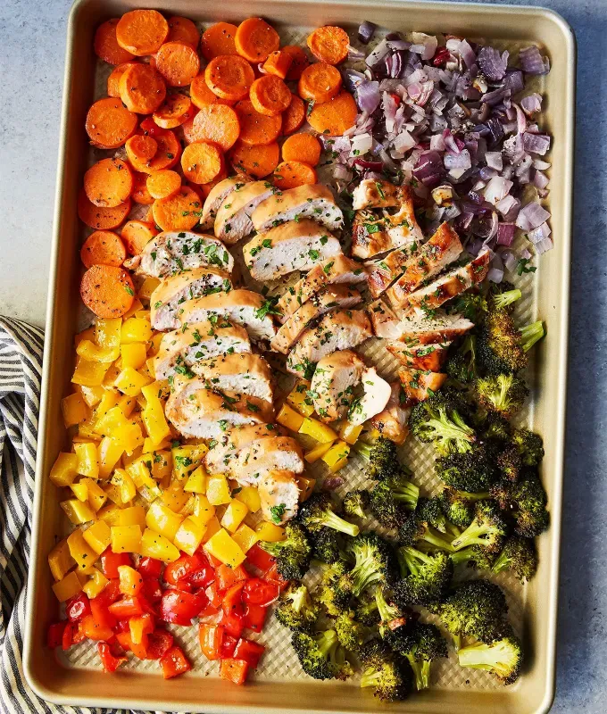 fun dinner ideas 6. Keto Sheet Pan Chicken with Rainbow Vegetables' title='34 Fun Dinner Ideas That Will Make You Love Hosting