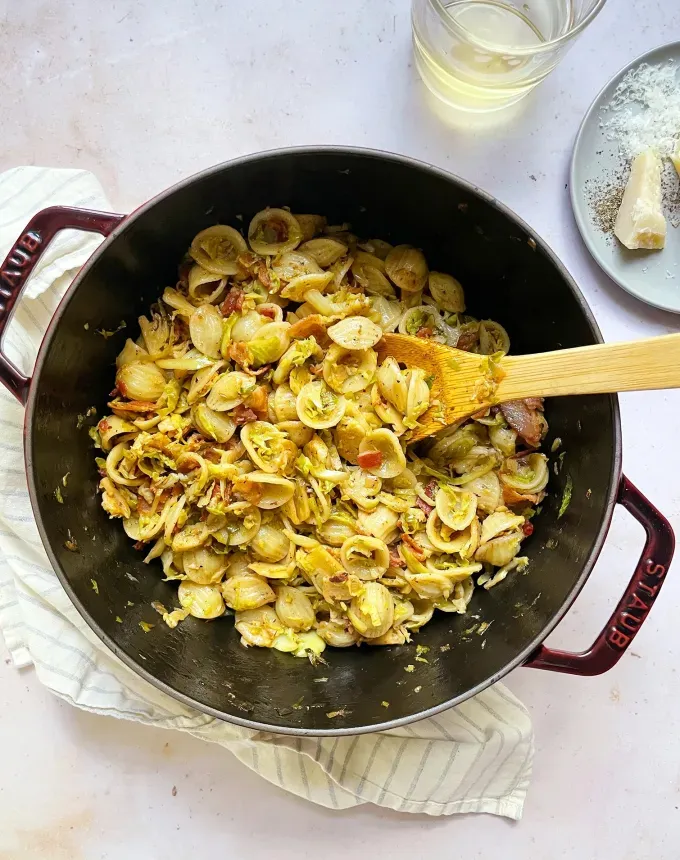 october dinner recipes: brussels sprouts and bacon orecchiette' title='31 October Dinner Ideas That Are Just Right for Sweater Weather