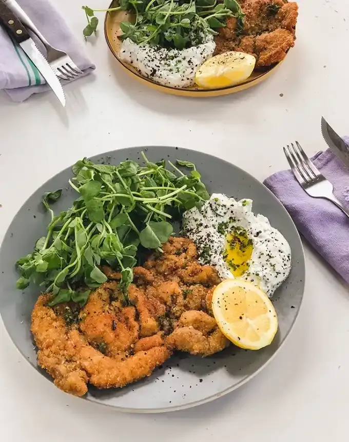 october dinner recipes: pork milanese with cucumber yogurt' title='31 October Dinner Ideas That Are Just Right for Sweater Weather