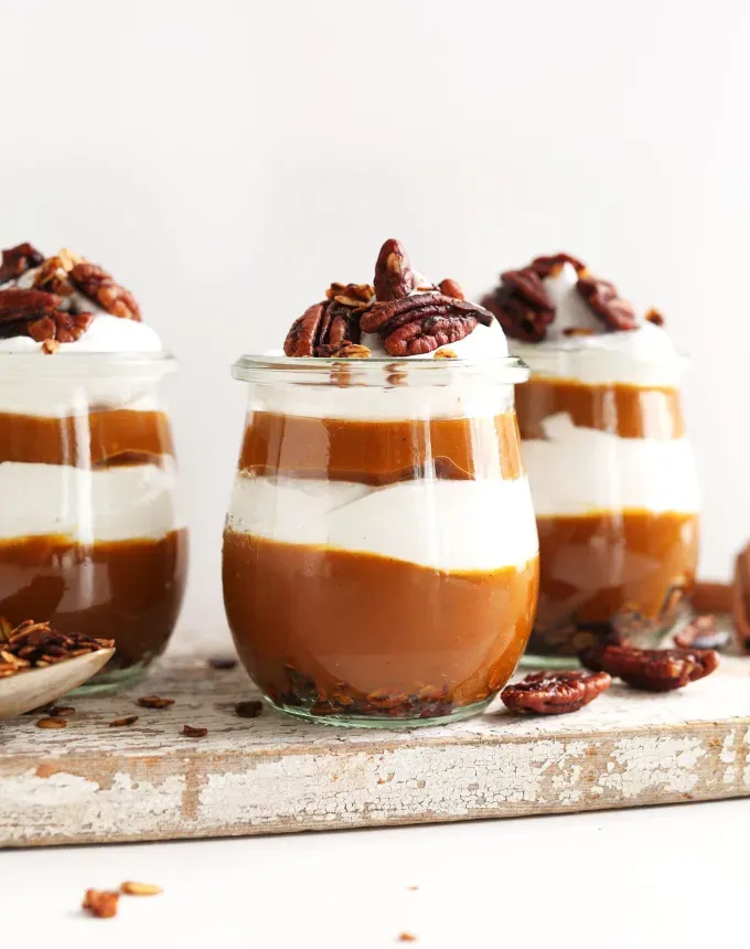 mini thanksgiving dessert recipes: mini pumpkin pie shooters' title='54 Mini Thanksgiving Desserts That Are (Almost) Too Cute to Eat