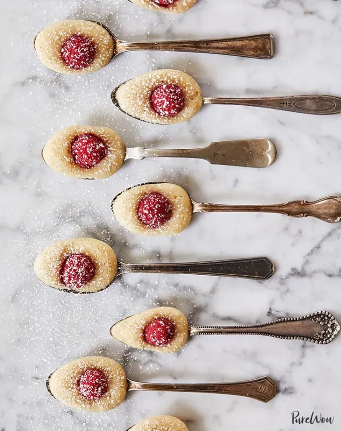 mini thanksgiving dessert recipes: bite size almond raspberry spoon cakes' title='54 Mini Thanksgiving Desserts That Are (Almost) Too Cute to Eat