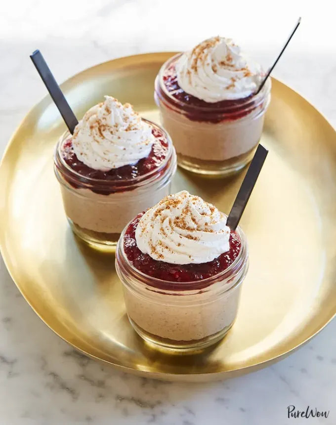 mini thanksgiving dessert recipes: no bake mini mason jar spiced cheesecakes' title='54 Mini Thanksgiving Desserts That Are (Almost) Too Cute to Eat
