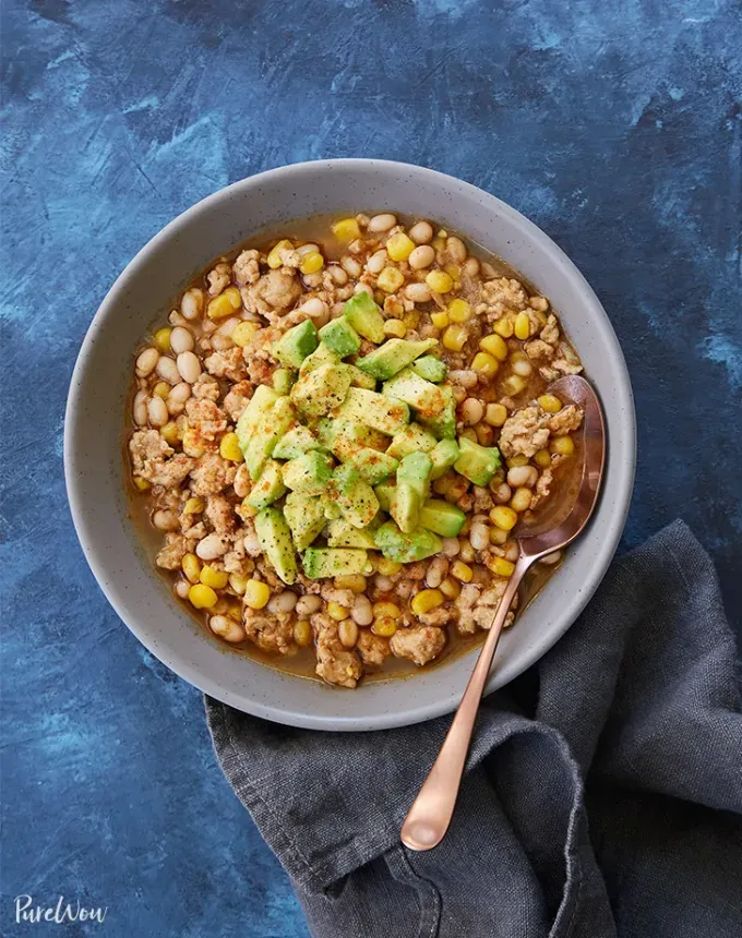 alternate thanksgiving dinner recipes: white turkey chili with avocado' title='52 Bulk Dinner Ideas to Feed a Crowd