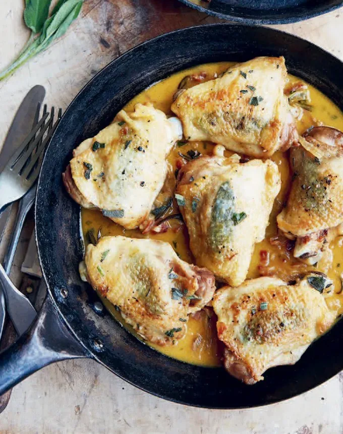 bulk dinner ideas: one pan creamy chicken fricassee with sage' title='52 Bulk Dinner Ideas to Feed a Crowd