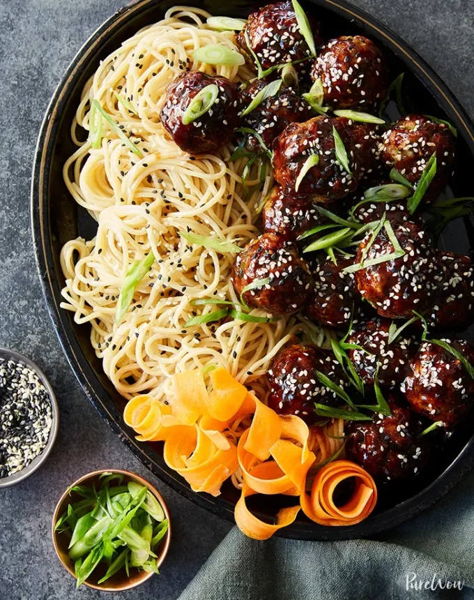 bulk dinner ideas: sticky asian meatballs with udon noodles' title='52 Bulk Dinner Ideas to Feed a Crowd