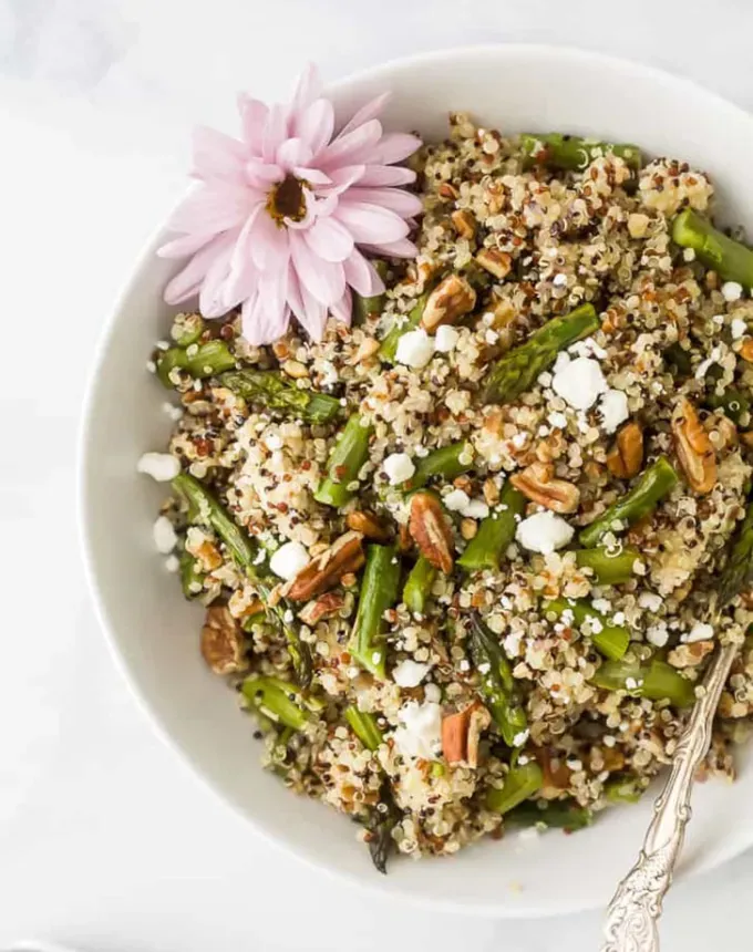 bulk dinner ideas: creamy goat cheese asparagus quinoa salad' title='52 Bulk Dinner Ideas to Feed a Crowd