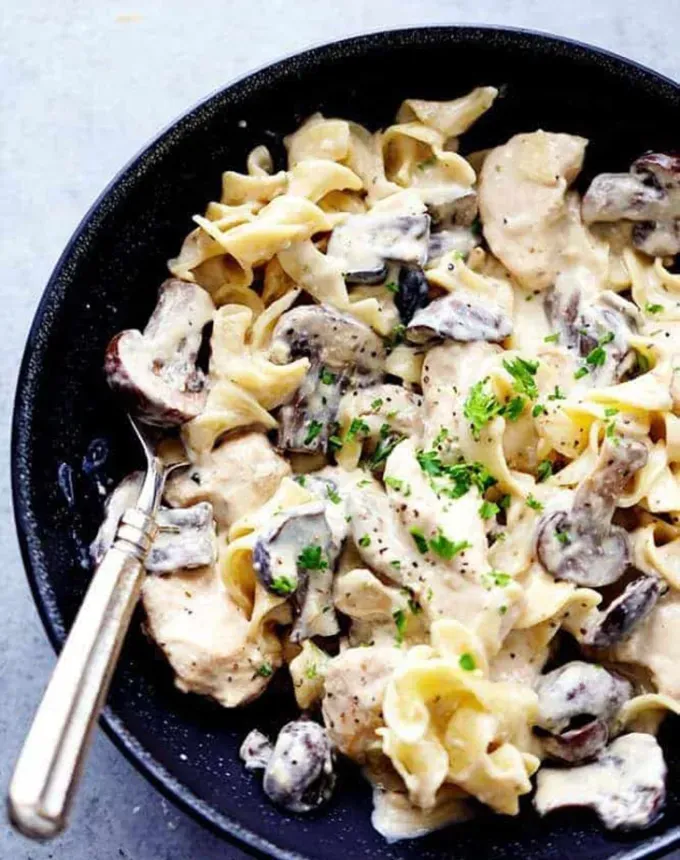 bulk dinner ideas: slow cooker chicken and mushroom stroganoff' title='52 Bulk Dinner Ideas to Feed a Crowd