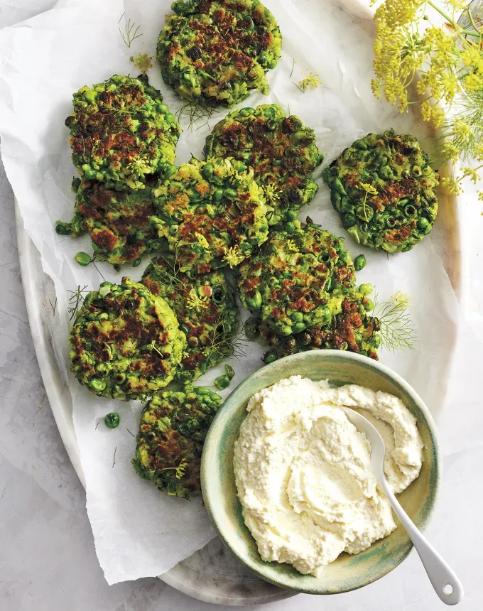 what to serve with lamb: spring pea fritters with whipped feta' title='68 Easy Finger Food Appetizers Everyone Will Love