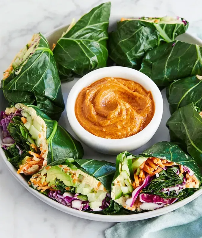 paleo meal plan recipes: rainbow collard wraps with peanut butter dipping sauce' title='68 Easy Finger Food Appetizers Everyone Will Love
