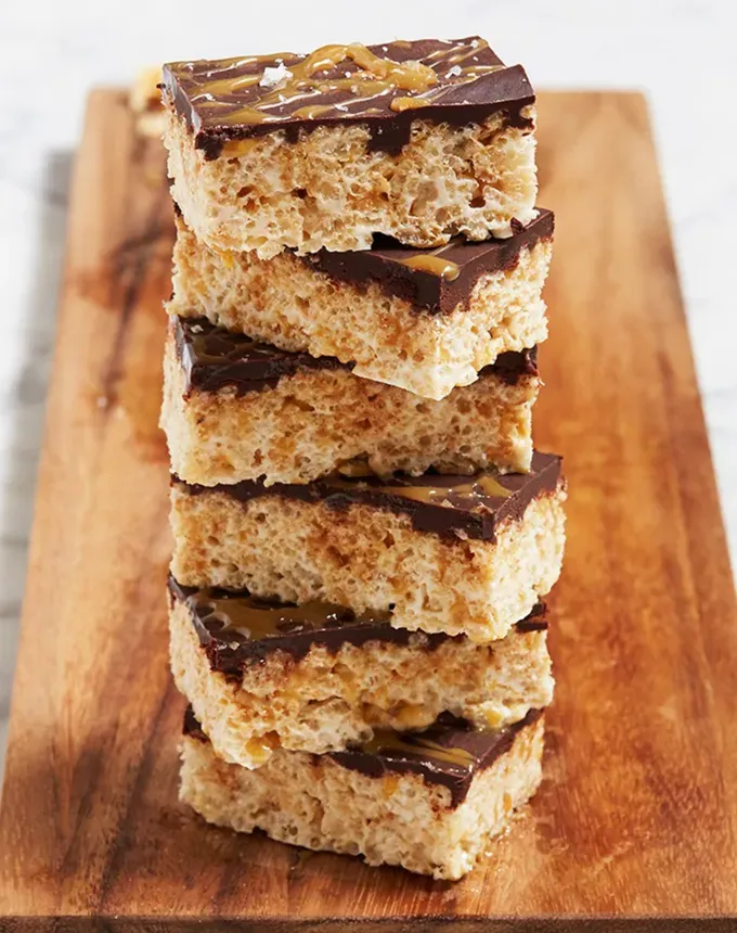 sweet and salty snacks: salted caramel and chocolate rice cereal squares' title='26 Sweet and Salty Snacks to Satisfy Your Cravings