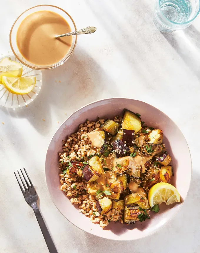 fall vegetarian recipes: roasted miso eggplant with farro' title='30 Fall Vegetarian Recipes That Are Cozy Hearty and Packed with Seasonal Produce