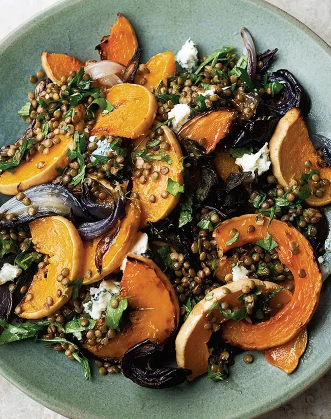 fall vegetarian recipes: roasted butternut squash with lentils and gorgonzola' title='30 Fall Vegetarian Recipes That Are Cozy Hearty and Packed with Seasonal Produce