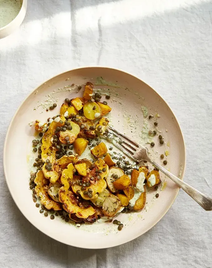 fall vegetarian recipes: fall roasted vegetable and lentil salad with pine nut cream' title='30 Fall Vegetarian Recipes That Are Cozy Hearty and Packed with Seasonal Produce
