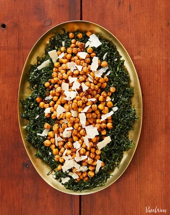 fall vegetarian recipes: kale salad with crispy chickpeas' title='30 Fall Vegetarian Recipes That Are Cozy Hearty and Packed with Seasonal Produce